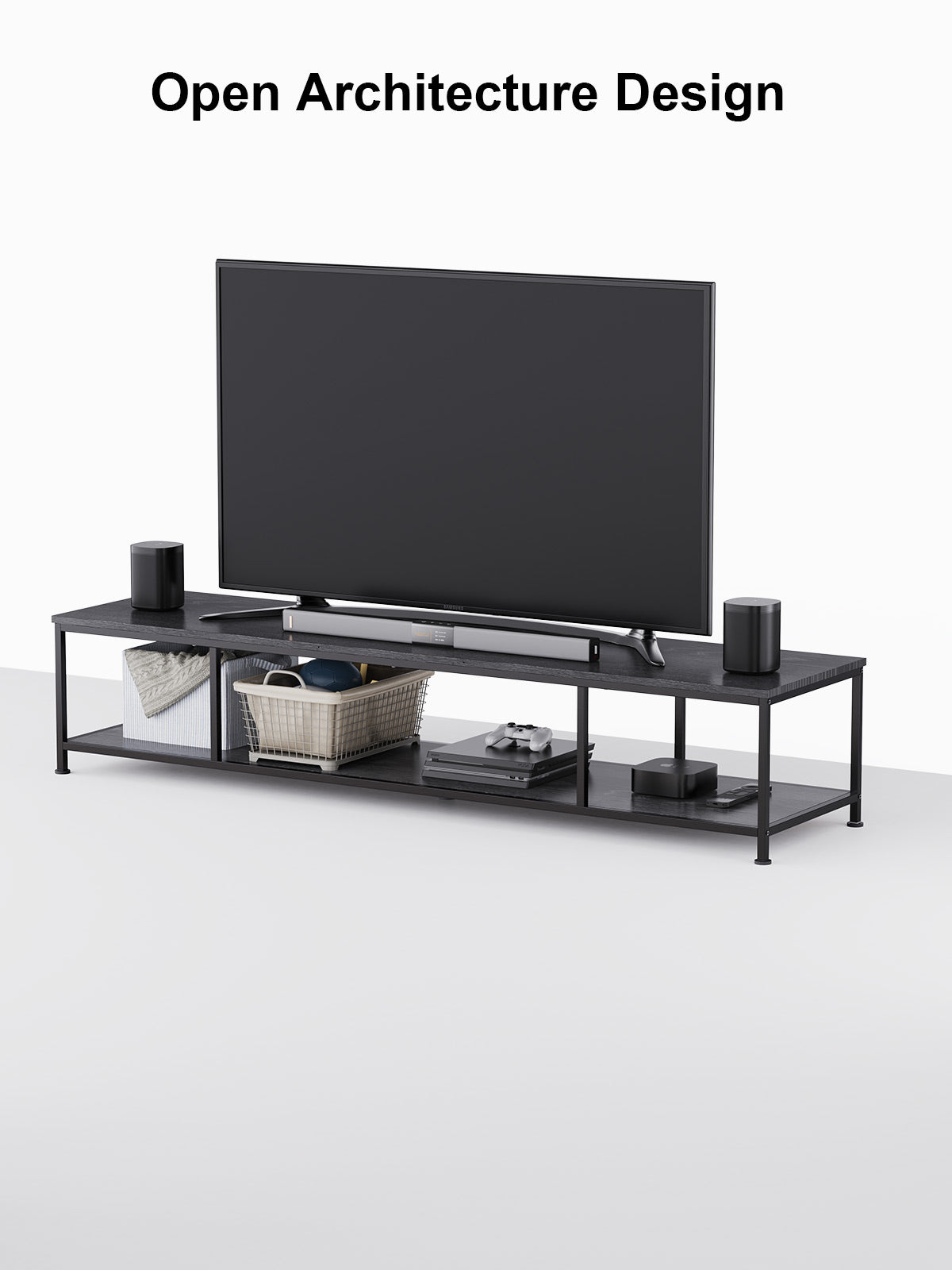 Extra Large TV Stand with Black Metal Frame and Black Shelves – Ergoav